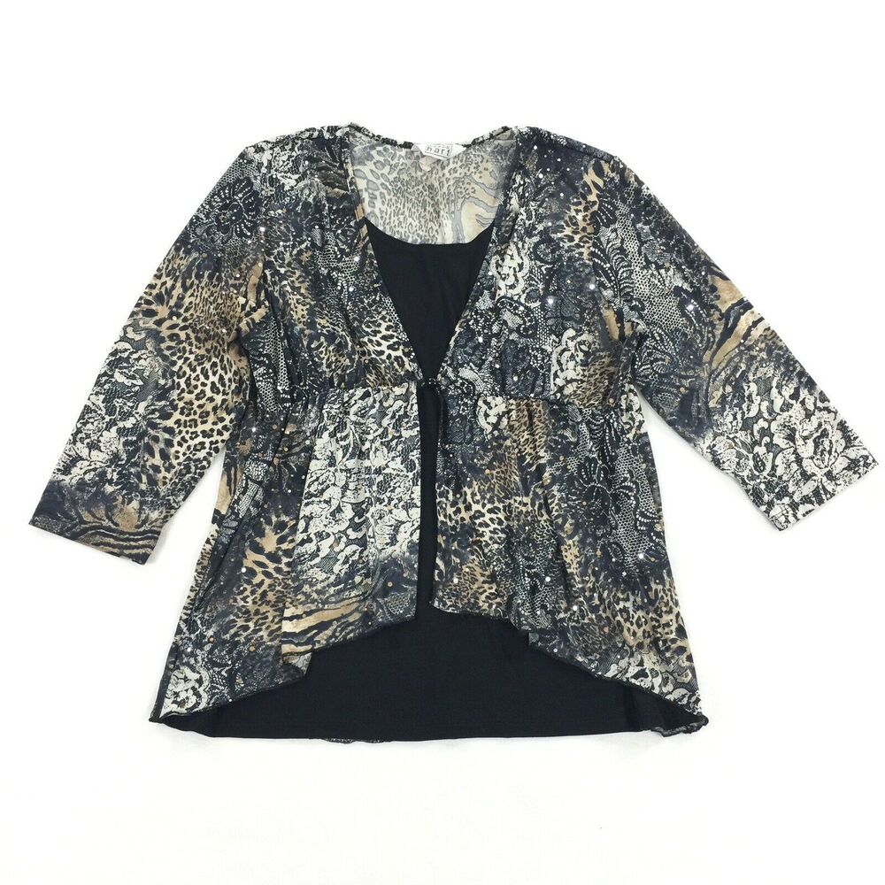 Keren Hart Cheetah Print Blouse Size Extra Large Womens Brown Black Dress Top XL
